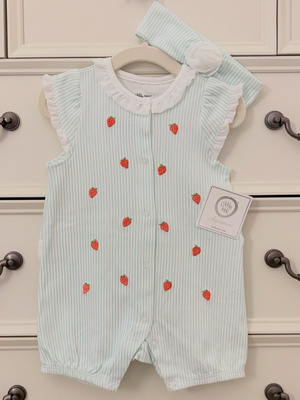 NWT Little Me Signature Strawberry Snap Romper & Matching Headband 12 Months